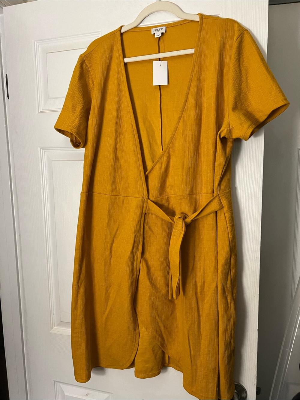 J. Crew Mustard Yellow Wrap Midi Dress with Tie Waist